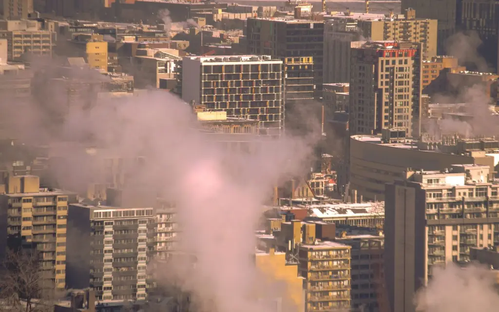 City skyline with smoke rising from buildings, showcasing urban winter scene in Montreal.