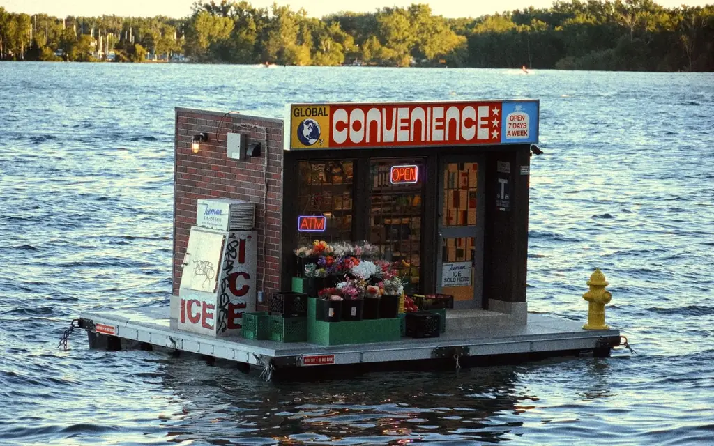 A unique floating convenience store on a lake in Toronto, providing essentials amidst serene waters.