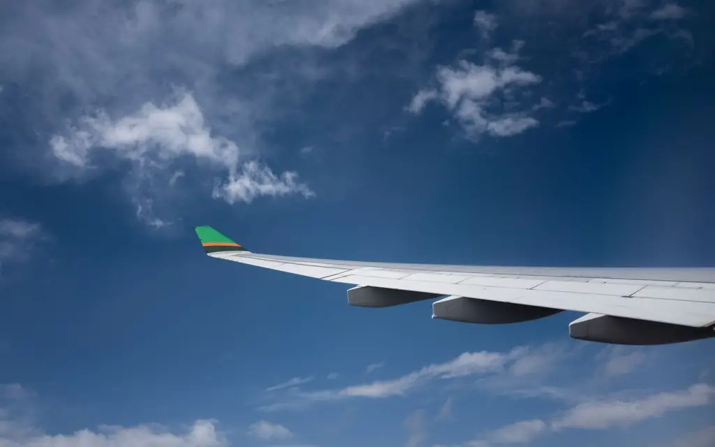 View of an airplane wing soaring through a clear blue sky with white clouds.