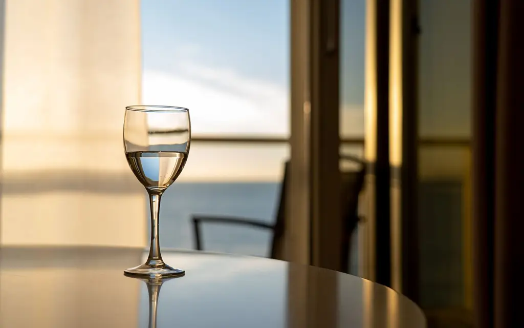 A glass of wine on a table with a stunning ocean view through a window, captured indoors.